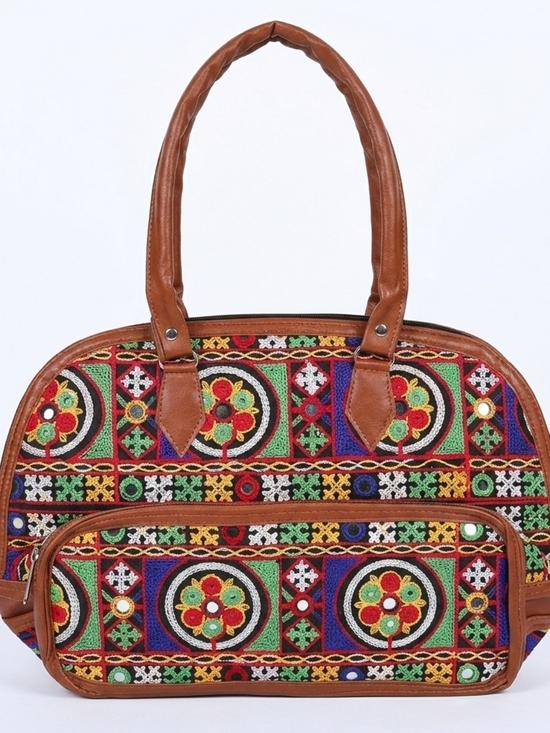 Handbags - Boho Embroidered Brown Tote Bag with Multicolor Pattern
